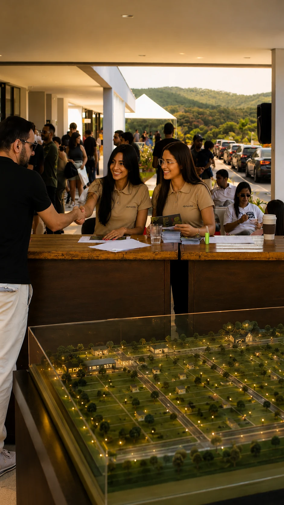 Estande de atendimento em lançamento imobiliário com maquete iluminada e equipe recepcionando corretores e clientes.