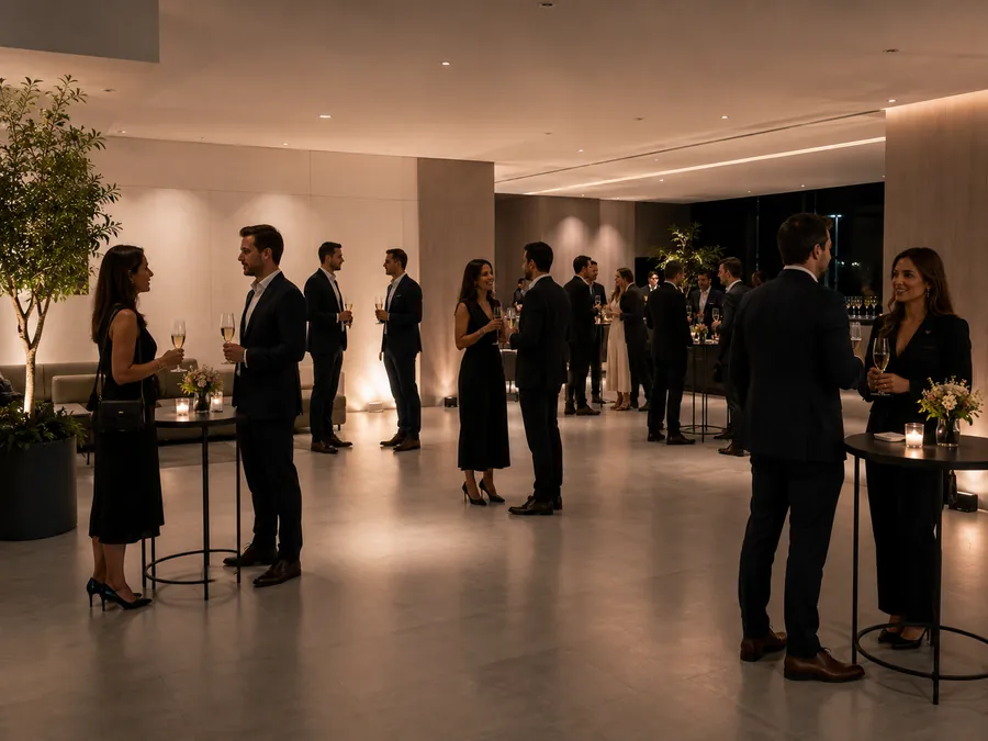 Coquetel de networking em lounge sofisticado com convidados em traje formal e iluminação âmbar.