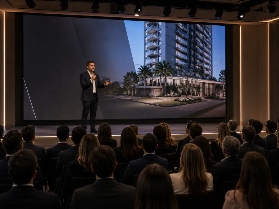 Palestrante em evento de lançamento imobiliário com projeção do empreendimento e plateia atenta.
