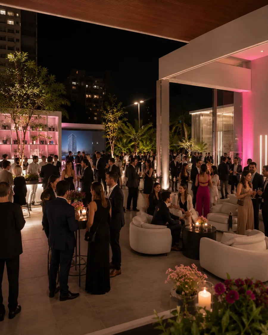 Evento de lançamento imobiliário com convidados em ambiente sofisticado e iluminação magenta.